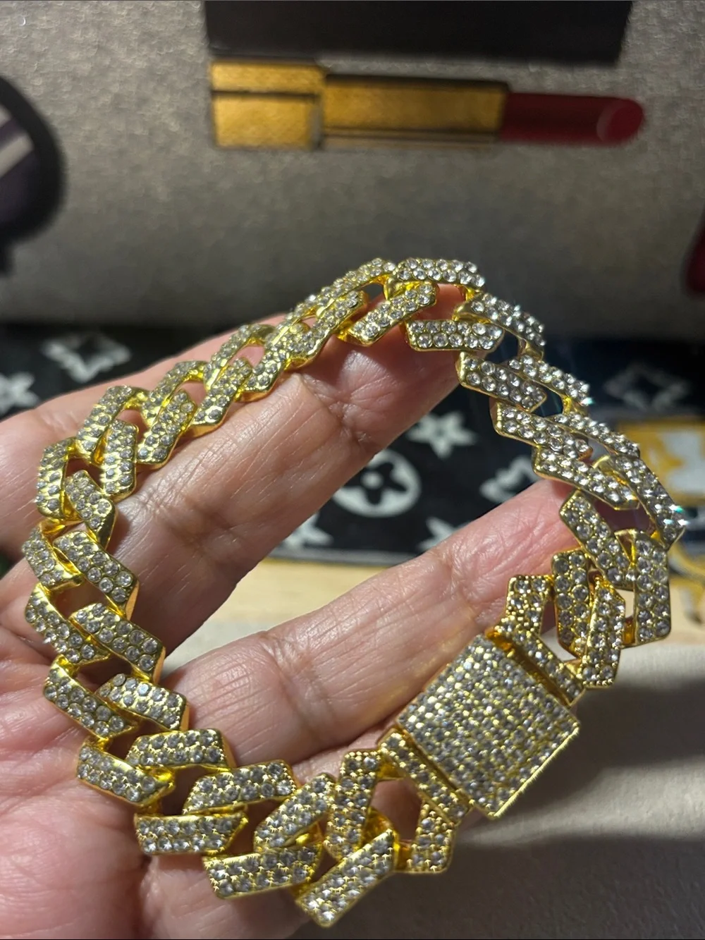 8” Gold-Tone Pave Cuban Link Bracelet with Clear Stones - Men